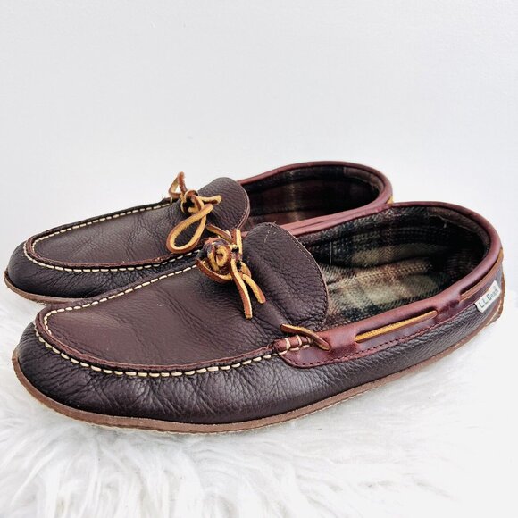 LL Bean Other - LL Bean Dark Brown Genuine Leather Flannel Lined Mens Loafers ~ Mens Size 12M